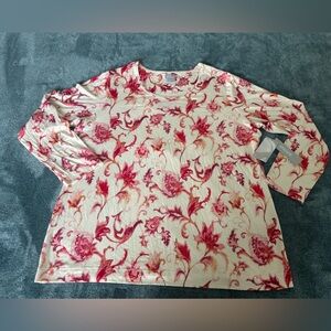 New Chicos Touch of Cool Red Beige Floral Scroll Layer Long Sleeve Top XL 3 Soft